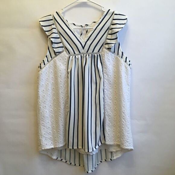 DOE + RAE SLEEVELESS STRIPED AND EMBROIDERED TOP. - Picture 2 of 8